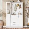 Entryway Bench With Integrated Shoe Cabinet, 3 In 1 Design And Mirrored Cabinet Door, Hall Tree With 4 Sturdy Hooks And Foldable Seat For Entrance, Living Room - White - Image 4