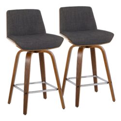 Corazza - Mid-Century Modern Fixed Height Counter Stool & Swivel And Square Footrest (Set of 2) - Walnut / Charcoal