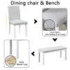6 Piece Wooden Dining Table Set, Wooden Dining Table With 4 Upholstered Chairs And Bench For 6 People, Rectangular Dining Table Set With Crystal Decoration For Kitchen, Dining Room - White - Image 5
