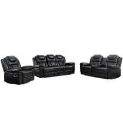 3 Pieces Recliner Sofa Sets Home Theater Seating Manual Recliner Chair With Center Console And Led Light Strip For Living Room - Black