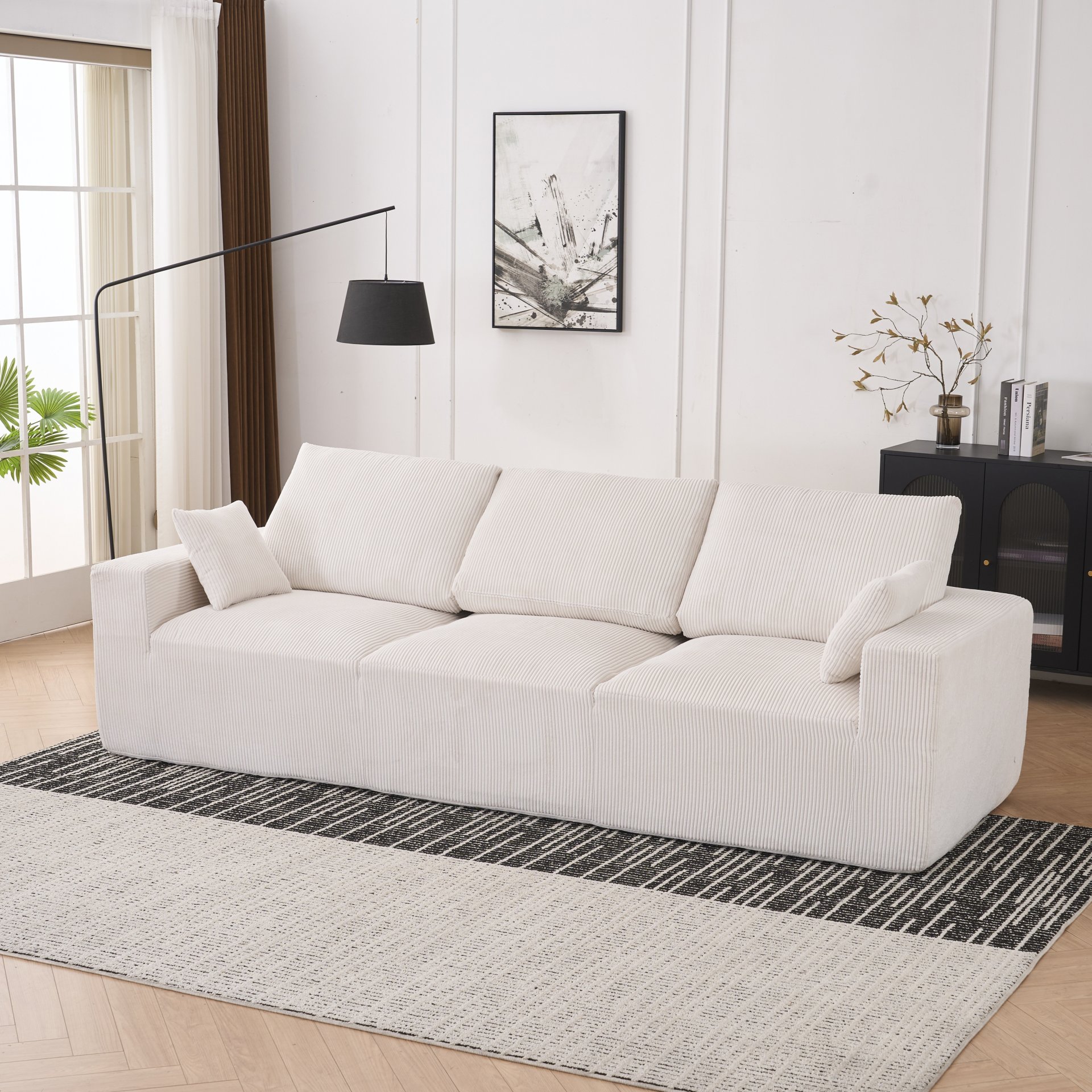 Modular Sectional Sofa, L Shape With Extra Wide Seat Cushion, USB And Type C Charger, Petal Armrest Design, Free Movement Ottoman - Beige / White - Image 12