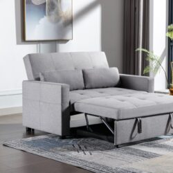 Linen Fabric 3-In-1 Convertible Sleeper Loveseat With Side Pocket - Light Gray