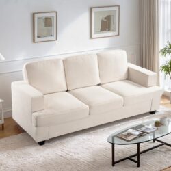 Modern Sofa, Comfortable 3 Seater Couch With Deep Seating, Loose Back Cushions, Wide Arms - Ivory