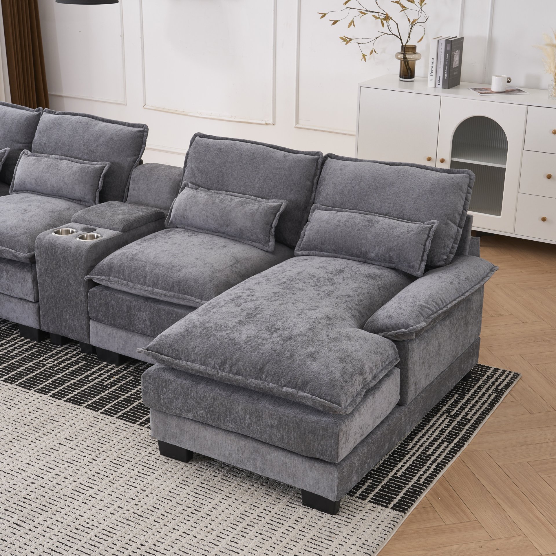 U Shaped Sofa With Console, Cupholders, USB Ports, 6 Seat Upholstered Symmetrical Sleeper Couch - Gray - Image 7