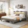 King Size Platform Bed Frame With Storage LED Light Headboard And Usb, Noise Free - Dark Gray - Image 2