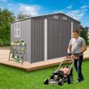 Large Metal Outdoor Storage Shed With Lockable Door, Air Vent, And Clear Window For Garden Tools And Bicycles - Gray - Image 11