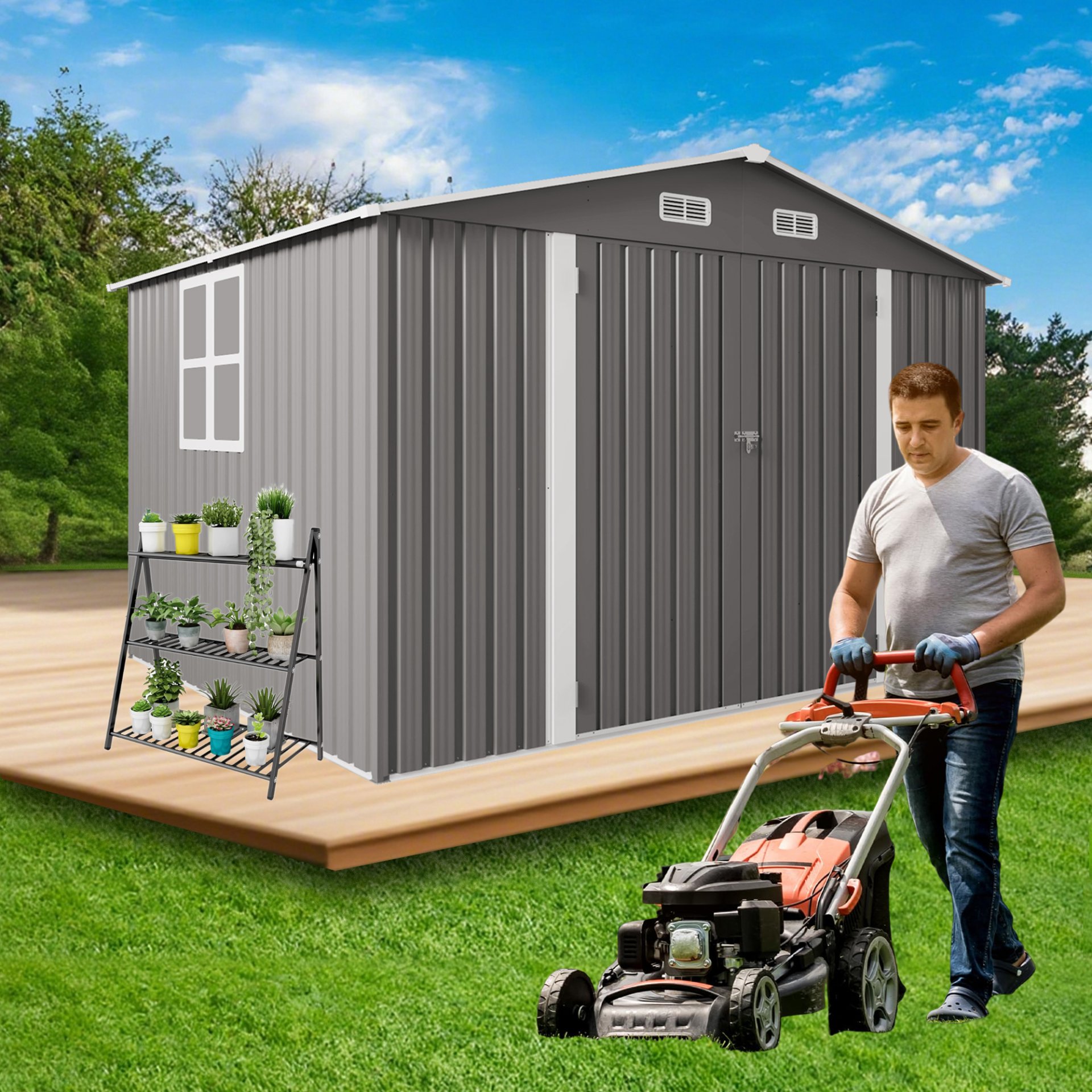 Large Metal Outdoor Storage Shed With Lockable Door, Air Vent, And Clear Window For Garden Tools And Bicycles - Gray - Image 11