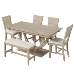 Topmax - 6 Piece Wood Half Round Dining Table Set Kitchen Table Set With Long Bench And 4 Dining Chairs, Modern Style - Natural