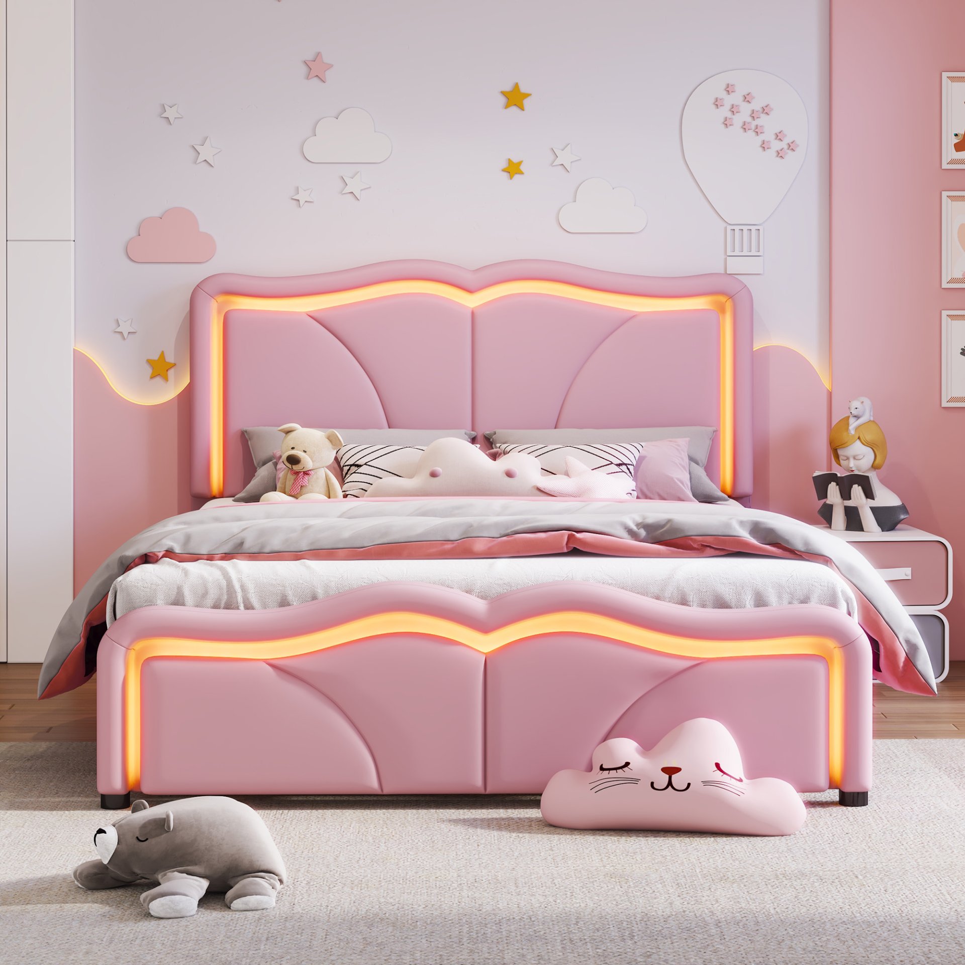 Full Size Upholstered Platform Bed With Curve Shaped And Height Adjustable Headboard, LED Light Strips - Pink - Image 4