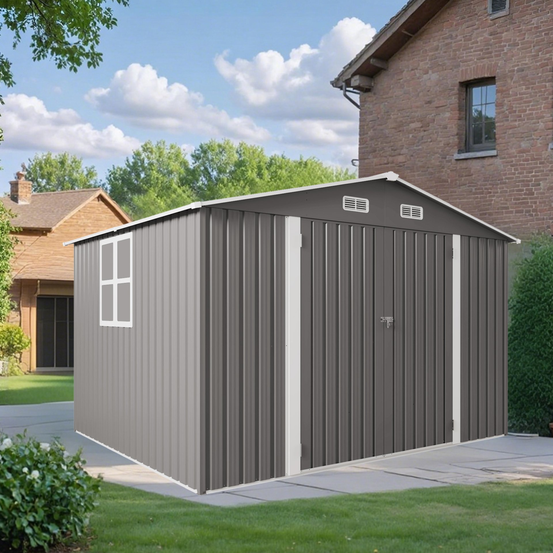 Large Metal Outdoor Storage Shed With Lockable Door, Air Vent, And Clear Window For Garden Tools And Bicycles - Gray - Image 4