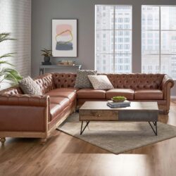 Comfy Large Sectional Sofa With Wooden Legs, Retro Style For Living Room - Light Brown