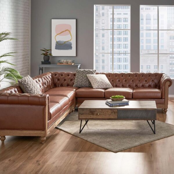 Comfy Large Sectional Sofa With Wooden Legs, Retro Style For Living Room - Light Brown