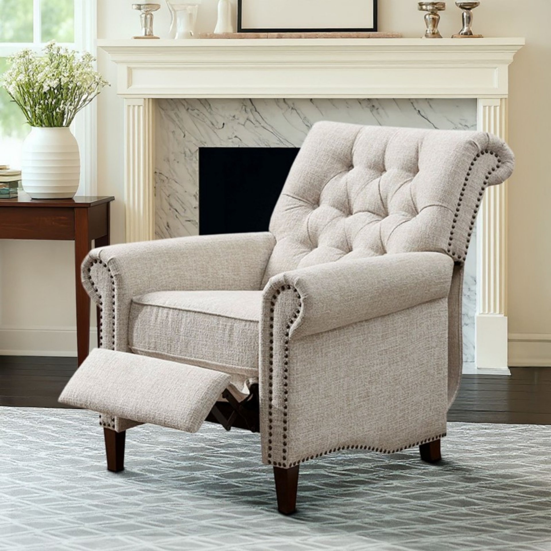 Aidan - Push Back Recliner Chair With Tufted Back And Nailhead Trim - Cream - Image 2