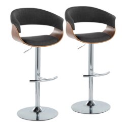 Vintage Mod - Mid-Century Modern Adjustable Height Barstool With Swivel With Rounded T Footrest (Set of 2) - Chrome / Walnut / Charcoal