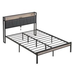 Full Size Metal Platform Bed Frame With Upholstery Storage Headboard And USB Liner - Beige / Black