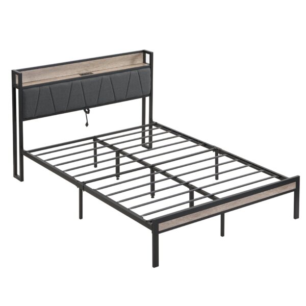 Full Size Metal Platform Bed Frame With Upholstery Storage Headboard And USB Liner - Beige / Black