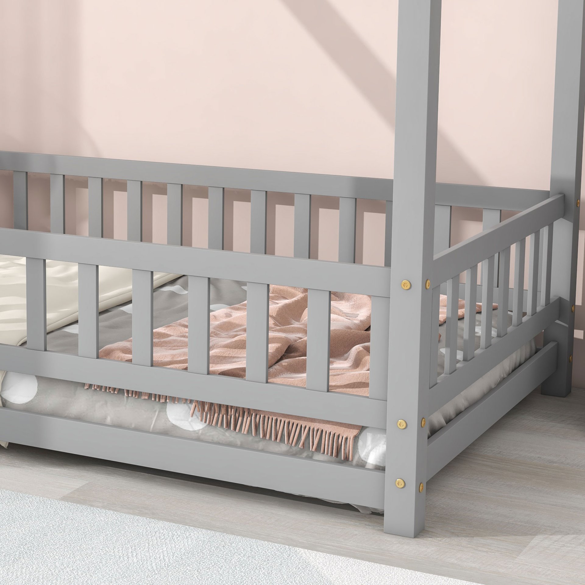 Twin Size Floor Wooden Bed With House Roof Frame, Fence Guardrails - Gray - Image 7