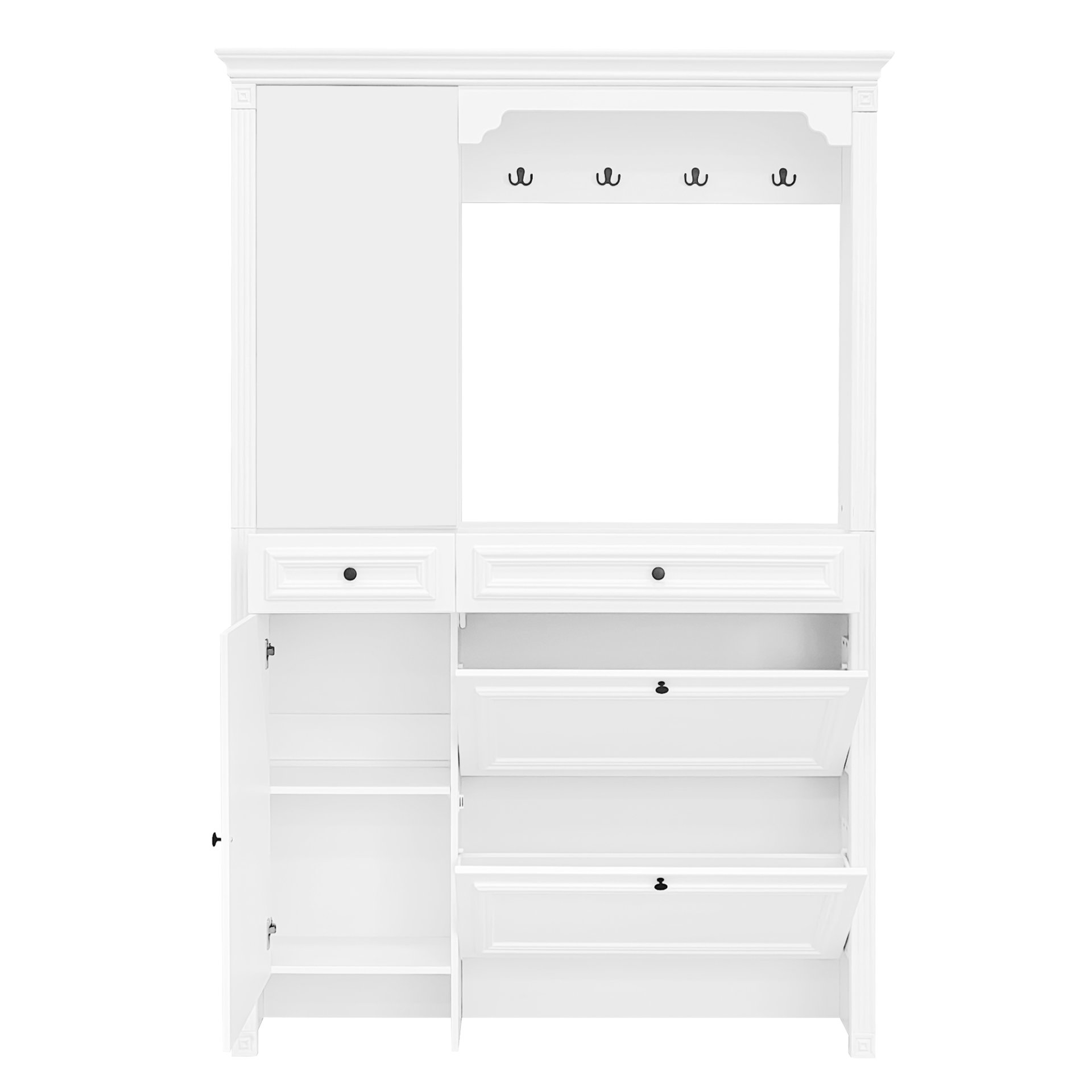 Hall Tree With Integrated Shoe Cabinet And Mirrored Cabinet Door, Coat Hanger, Entryway Bench, 4 In 1 Design, 2 Flip Drawers, 4 Hooks And 2 Cabinets For Entrance, Living Room - White - Image 11