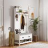 3 In 1 Hallway Hall Tree With Cushion, Storage Drawers, Hooks Shelves - White - Image 13