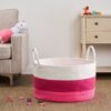 Cotton Round Laundry And Storage Basket With Handles - Pink / White - Image 2