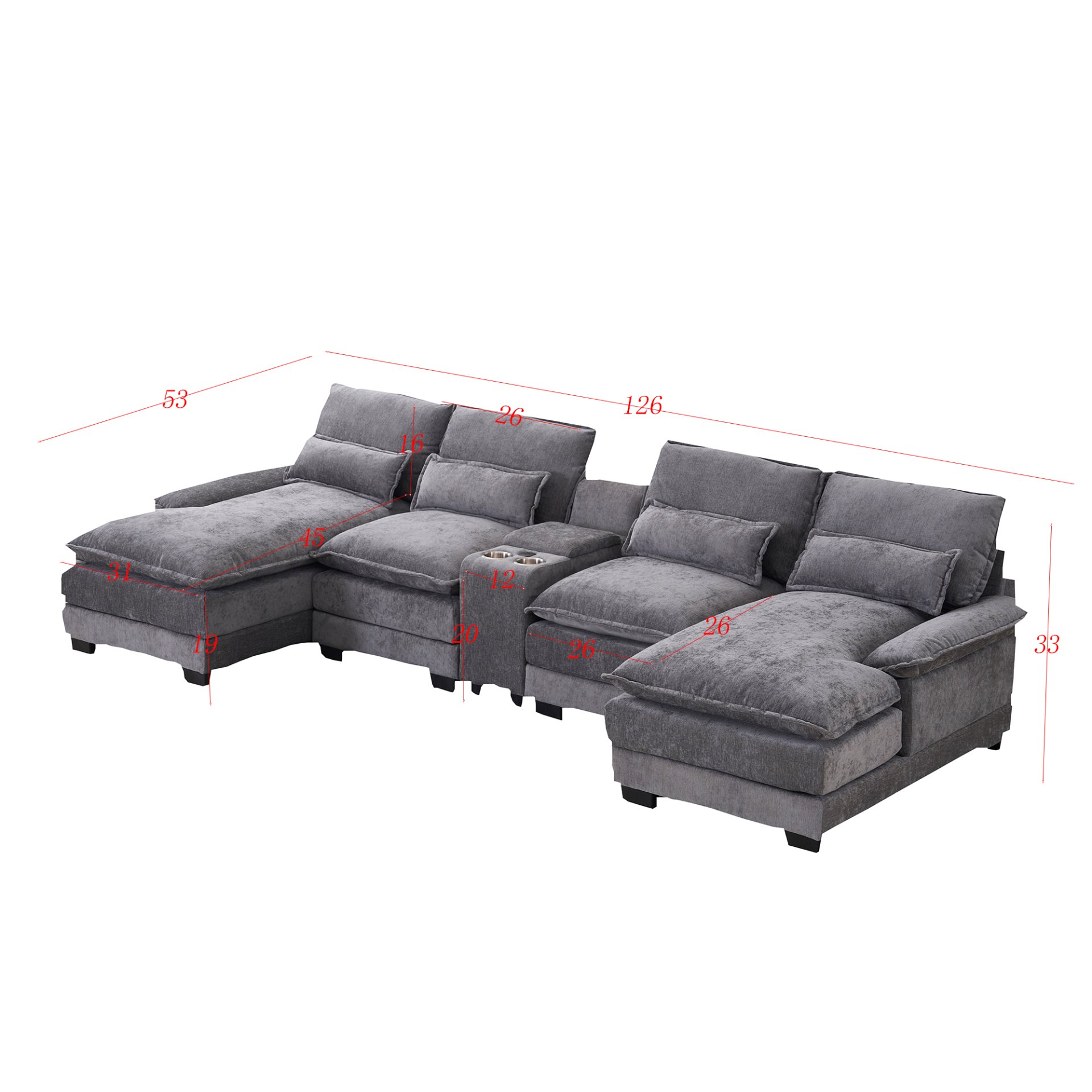 U Shaped Sofa With Console, Cupholders, USB Ports, 6 Seat Upholstered Symmetrical Sleeper Couch - Gray - Image 3