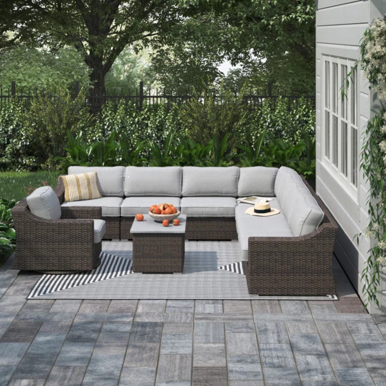 Outdoor 7 Person Wicker Sectional Set With Cushions - Gray Mix - Image 3