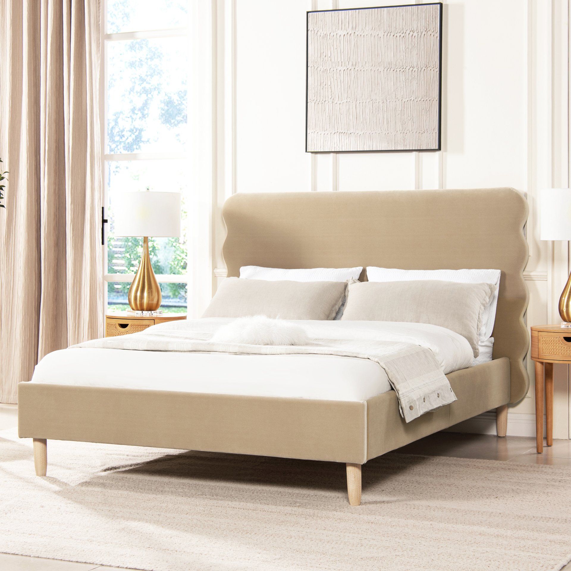 Stockholm - Queen Modern Wavy Headboard Platform Bed - Fawn Brown - Image 9