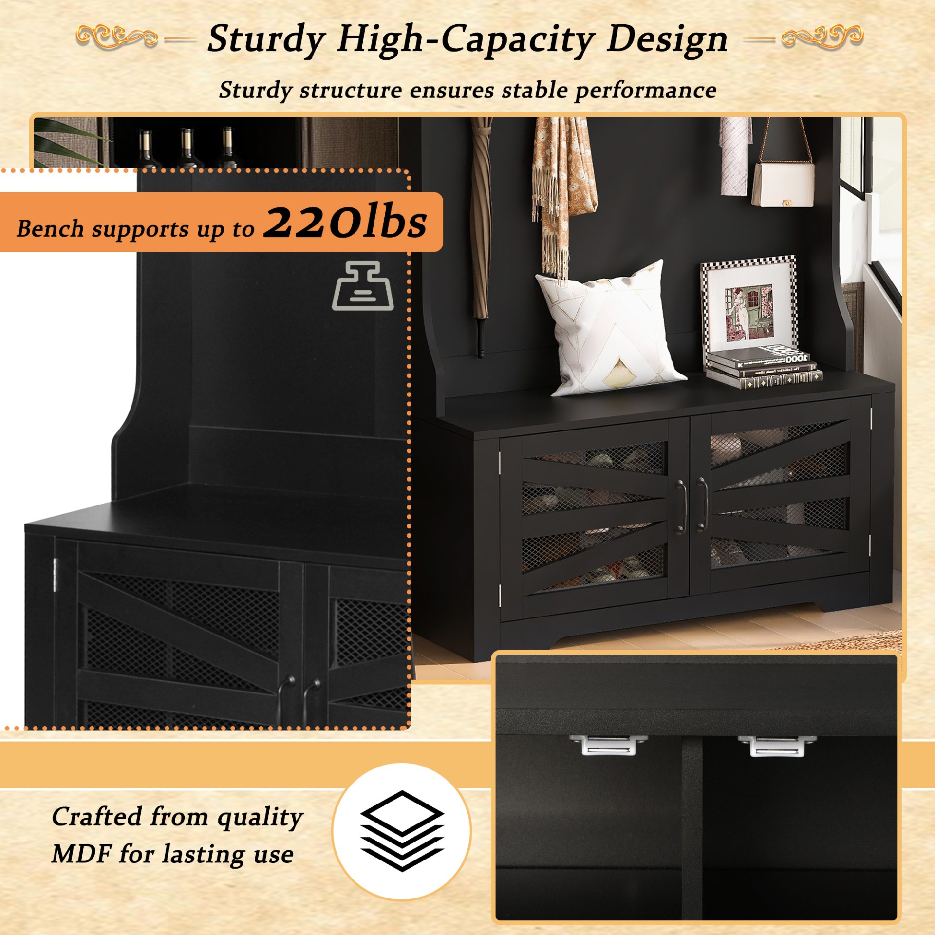 Entryway Bench With Coat Rack, 3 In 1 Design And Adjustable Shelves, Hall Tree With 7 Hooks For Entrance, Living Room - Black - Image 6