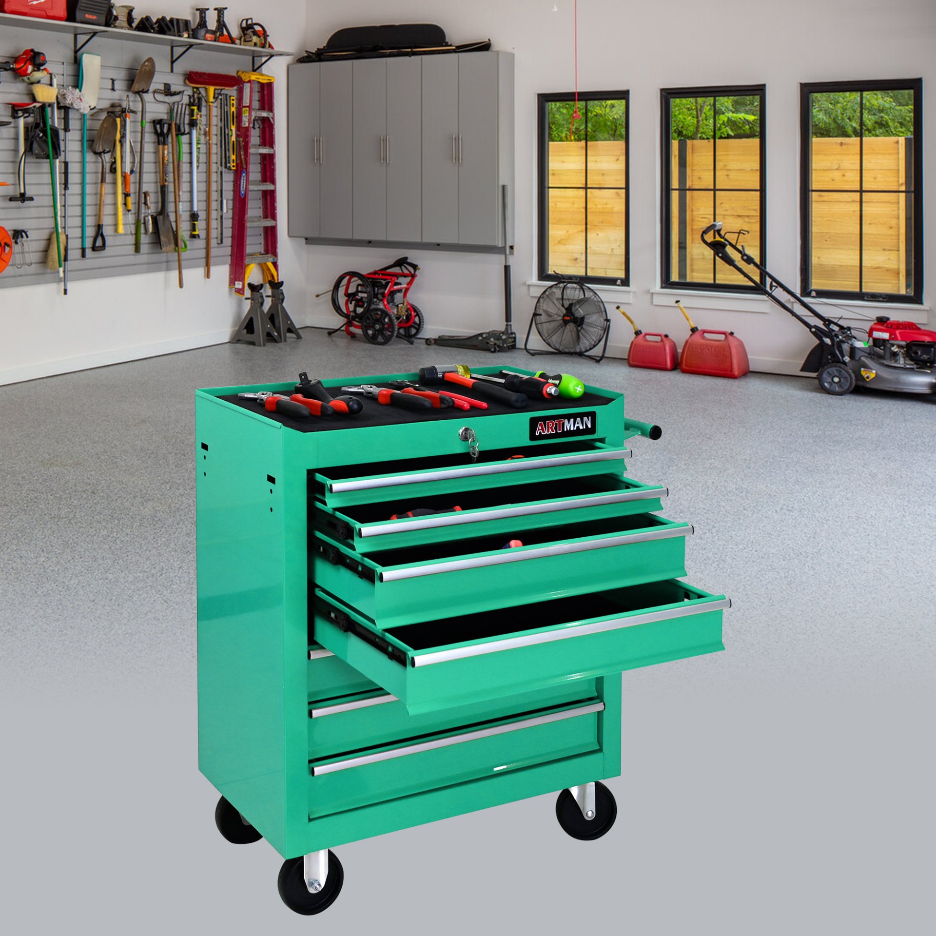 7 Drawers Multifunctional Tool Cart & Wheels - Green - Image 2