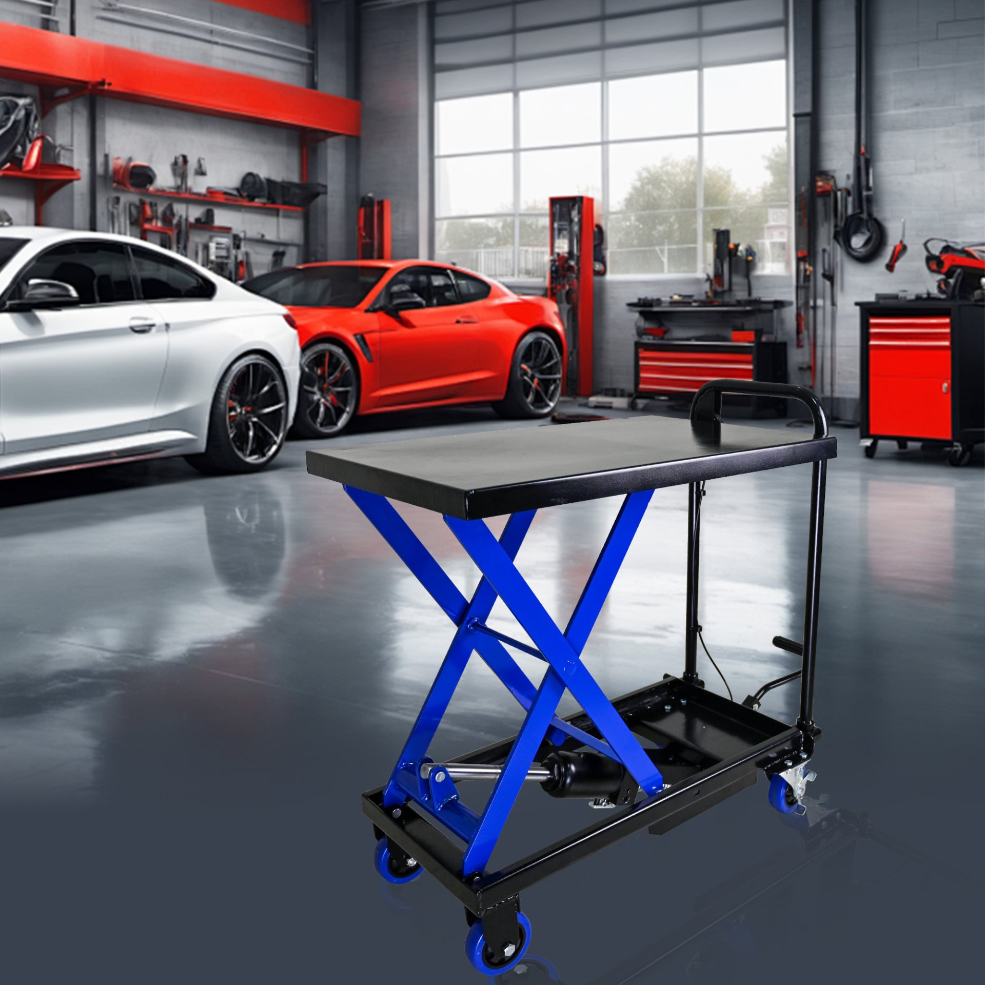 Hydraulic Lift Trolley, 500 Lbs Capacity, With 4 Wheels, For Material Handling And Transportation - Black / Blue - Image 2