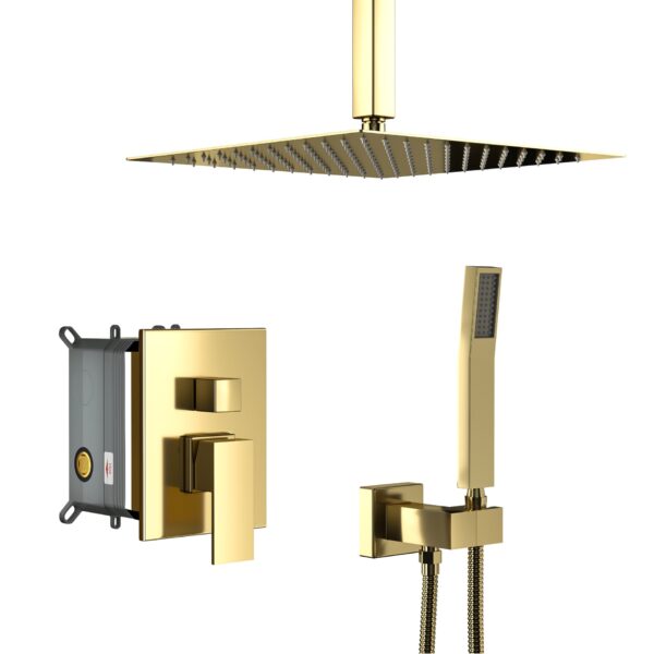 Dual Shower Head System With 16" Ceiling Mount Square Shower And Rough In Valve - Gold