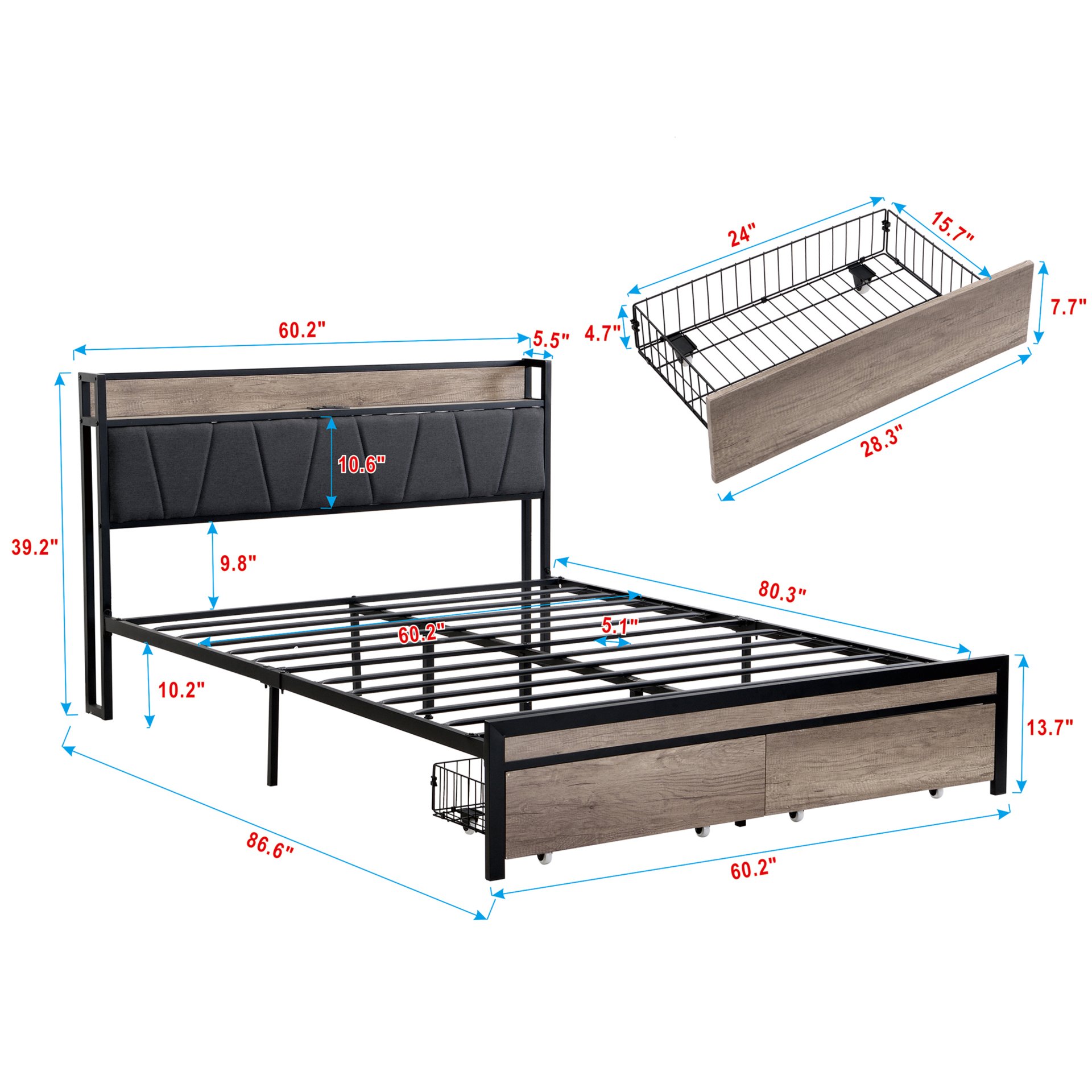 Queen Size Metal Platform Bed Frame With Upholsteryolstery Storage Function Headboard And USB Liner And Footboard With Drawers, No Box Spring Needed, Large Under Bed Storage - Gray - Image 3