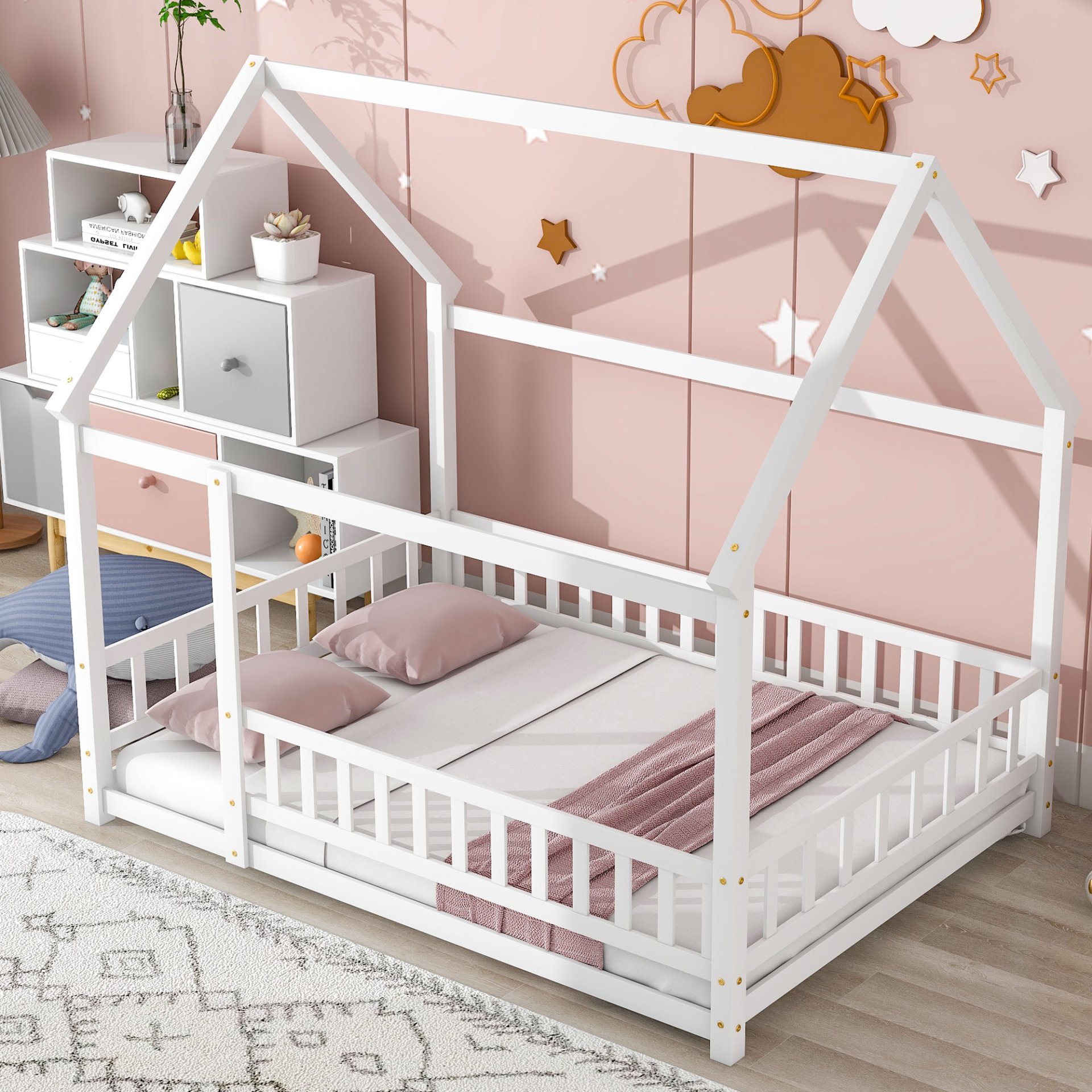 Full Size Floor Wooden Bed With House Roof Frame, Fence Guardrails - White - Image 4