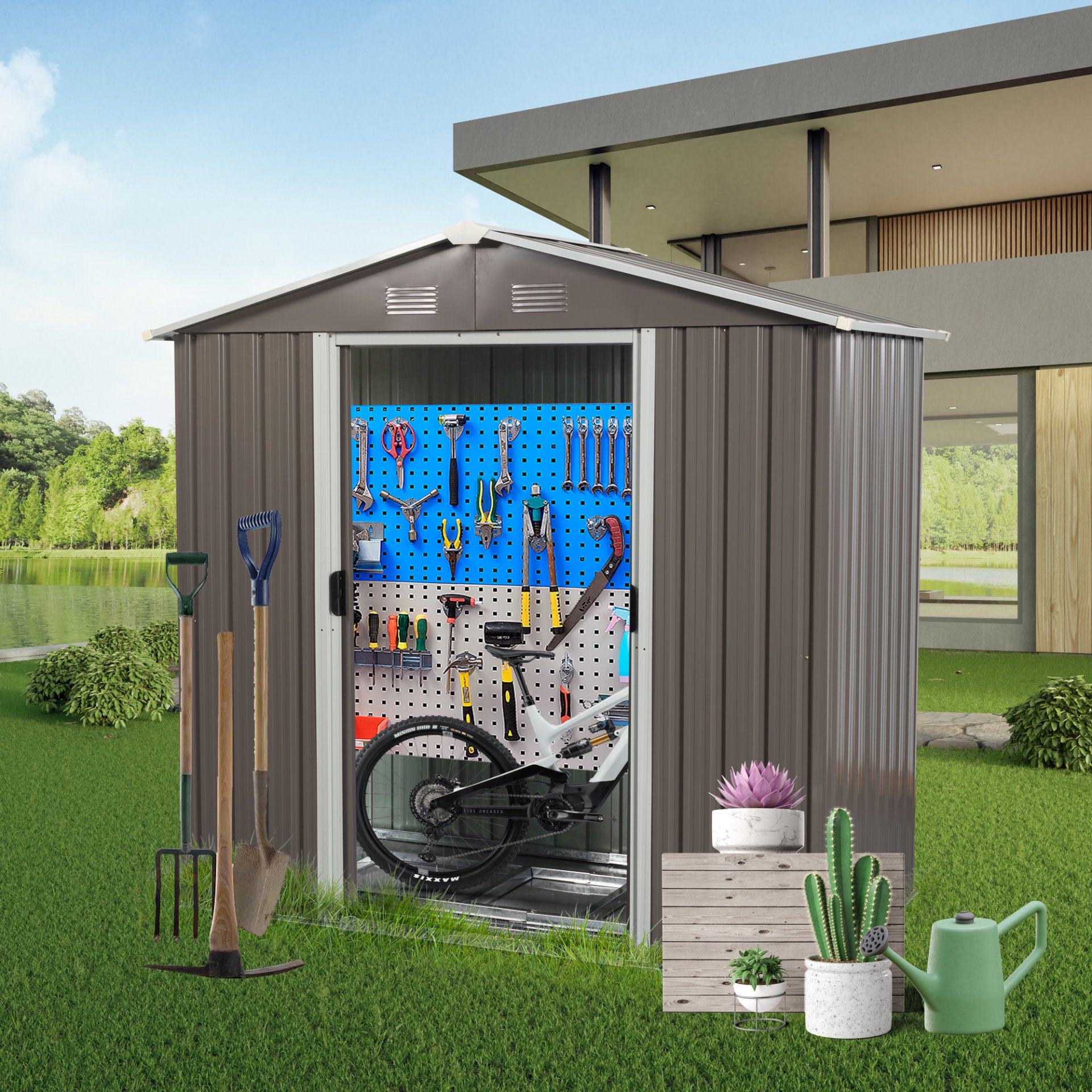 8Ft x 4Ft Outdoor Metal Storage Shed - Gray - Image 4