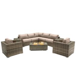 6 Person Seating Set With Cushions & Fire Pit - Gray