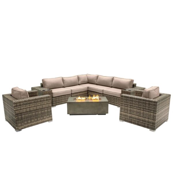 6 Person Seating Set With Cushions & Fire Pit - Gray