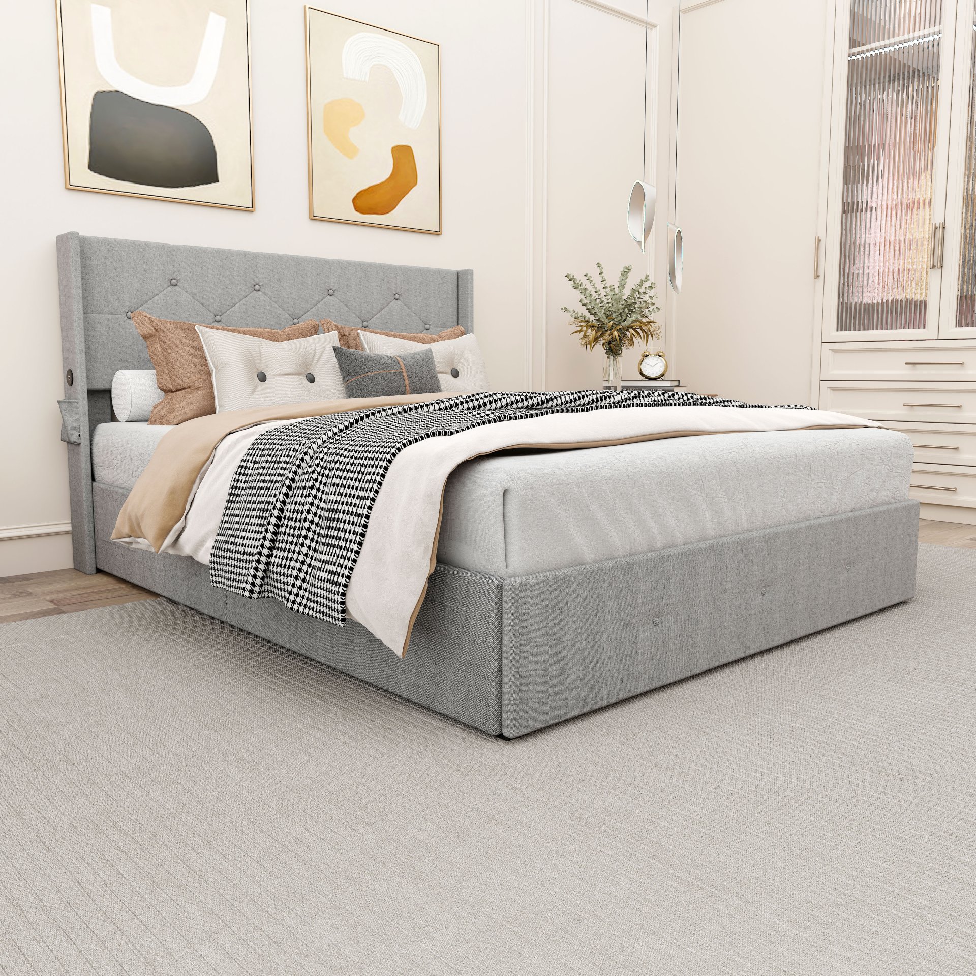 Queen Size Bed Frame With Lift Up Storage, Wingback Headboard And USB Ports - Light Gray - Image 4