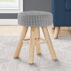 Ottoman, Pouf, Footrest, Foot Stool, Round Velvet, Natural Wood Legs, Contemporary, Modern - Gray