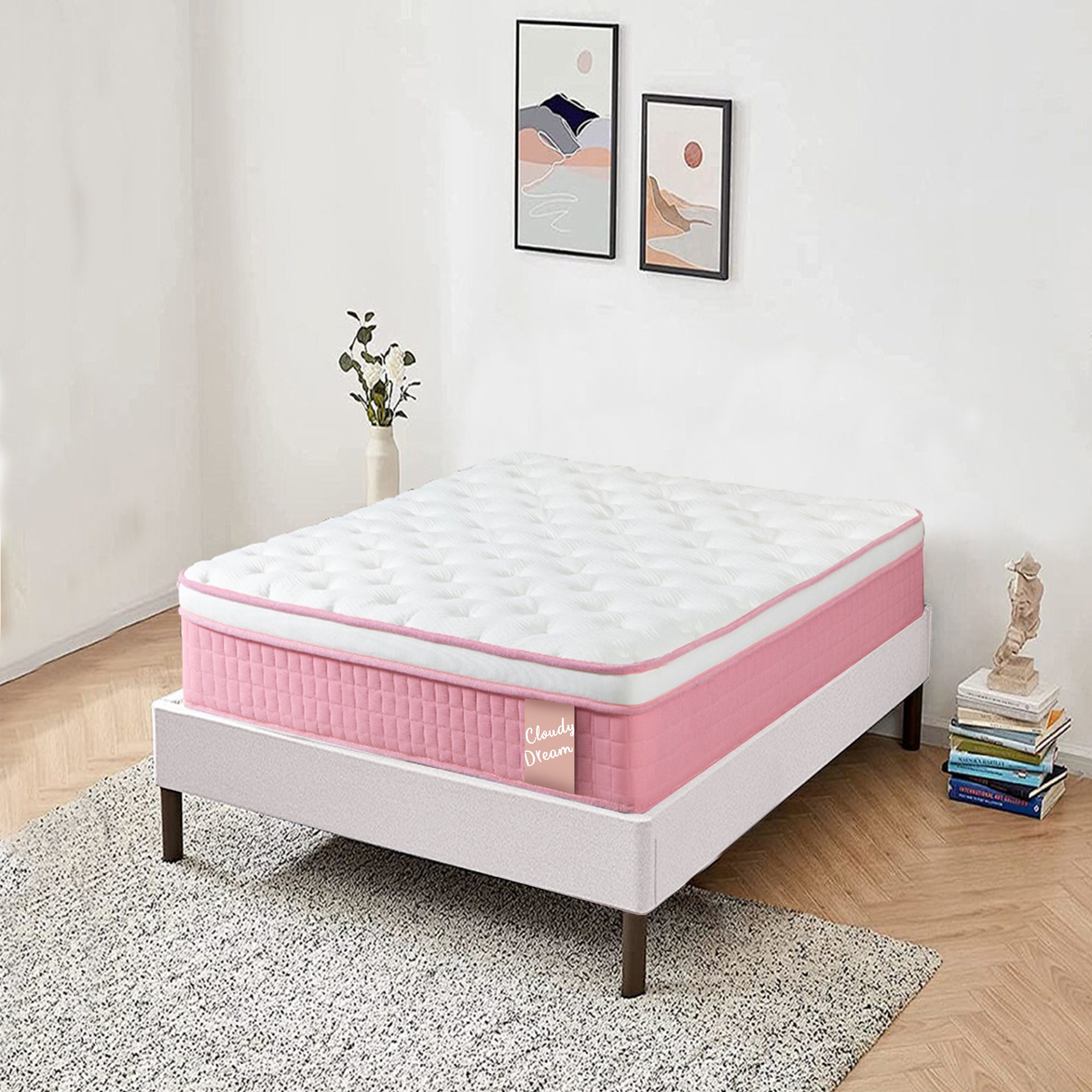 12" Twin Long Hybrid Mattress Individual Pocket Spring & Memory Foam Cool Knitted Cover - Pink - Image 4