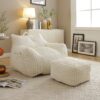 Giant Plush Bean Bag Chair For Adults With Armrests And Footstool - Beige - Image 4