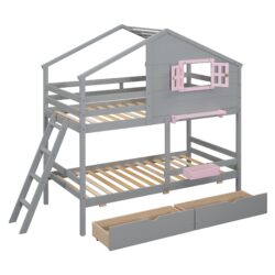 Twin Over Twin Bunk Bed With Drawers, Playhouse Inspired, Storage Box, Shelf, Window, And Roof - Gray