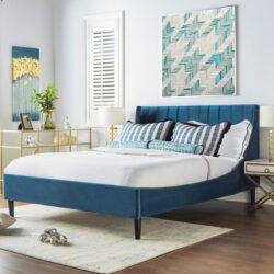 Aspen - Queen Vertical Tufted Modern Headboard Platform Bed Set - Satin Teal Blue