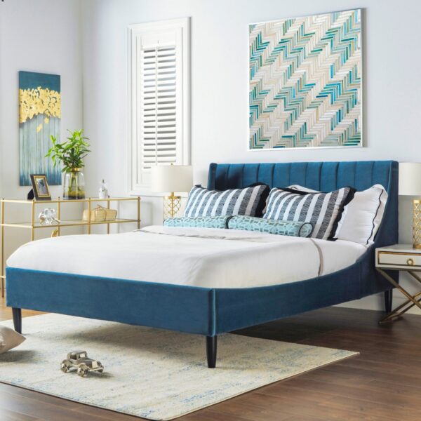 Aspen - Queen Vertical Tufted Modern Headboard Platform Bed Set - Satin Teal Blue