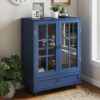 Vintage Buffet Cabinet With Double Glass Doors And Drawer, Storage Sideboard - Blue - Image 7