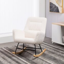 Rocking Chair Nursery, Teddy Upholstered Glider Rocker With High Backrest, Reading Chair Modern Rocking Accent Chairs Glider Recliner For Living Room - Cream