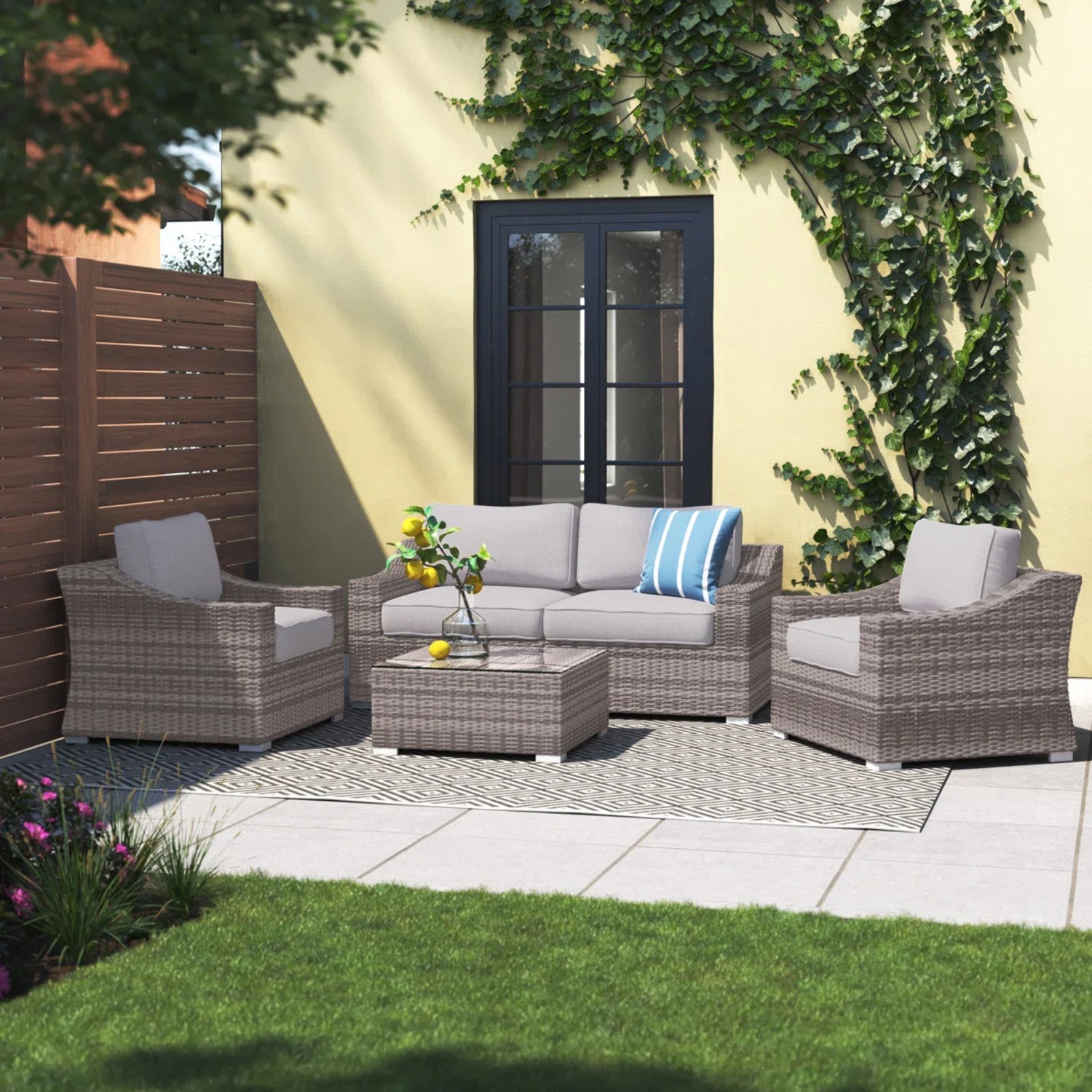 4 Seater Wicker Conversation Set With Cushions, All Weather - Gray Mix - Image 2