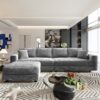 Plush Corduroy 4 Seat Sofa, Modern Comfy Upholstered Sofa Cloud Couch, Deep Seat Couches With Soft Pillows And Movable Ottoman, Convertible Sofa Lounge Chair - Gray - Image 9