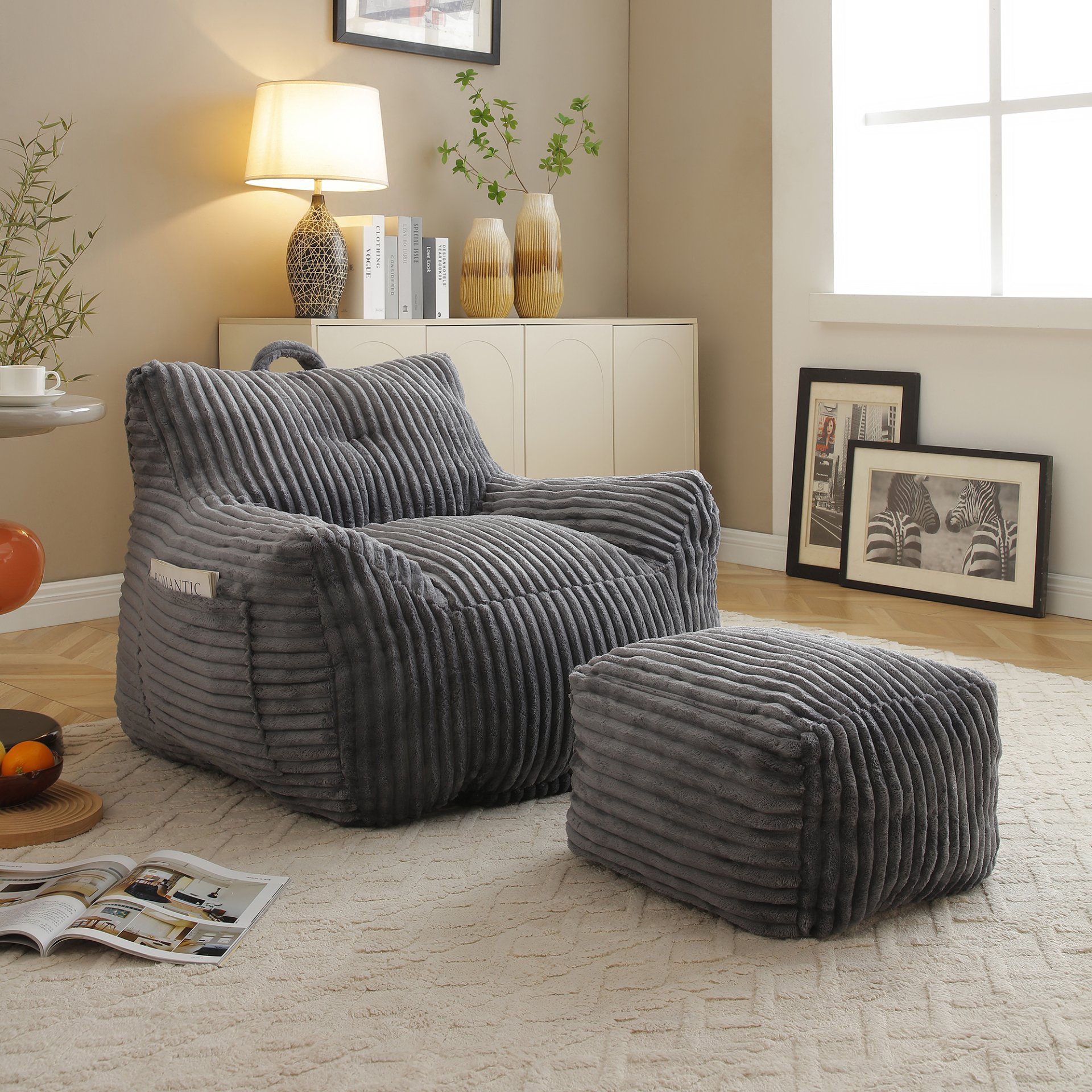 Giant Plush Bean Bag Chair For Adults With Armrests And Footstool, Comfy Corduroy Chaise Lounge - Gray - Image 4