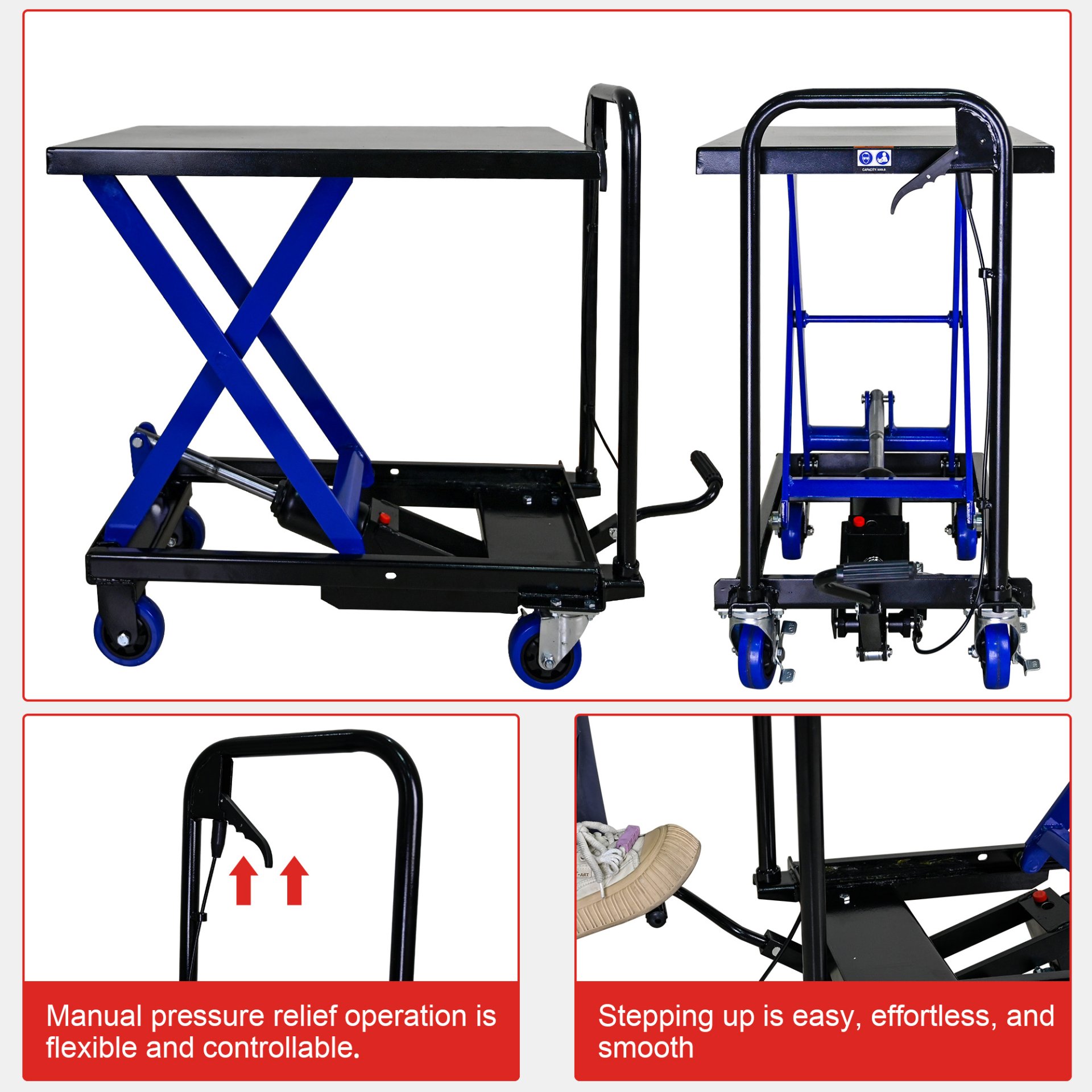 Hydraulic Lift Trolley, 500 Lbs Capacity, With 4 Wheels, For Material Handling And Transportation - Black / Blue - Image 8