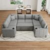 Multi Functional U Shaped Sectional Sofa Convertible Pull Out Bed Chenille - Gray - Image 2